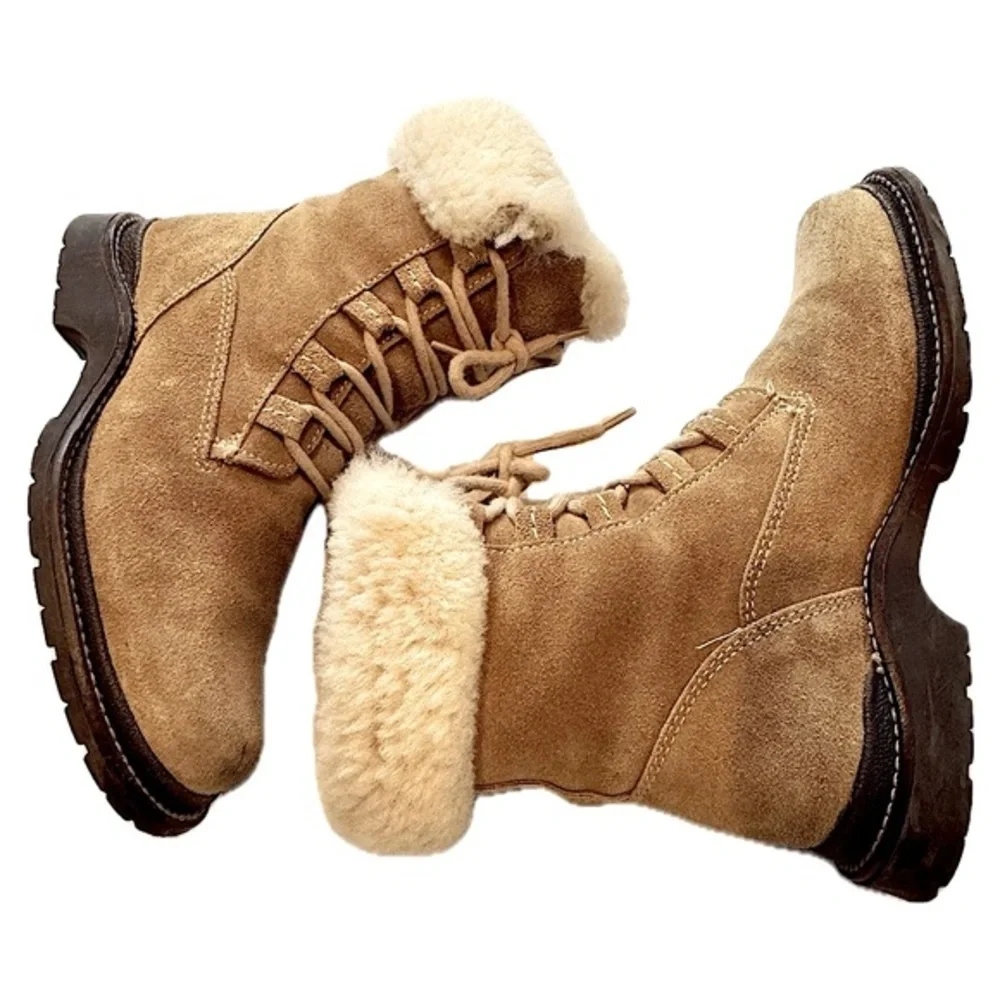 L.L. Bean Vintage Lace Up Shearling Fur Cuff Lace Up Winter Combat Ankle Boots - Picture 1 of 4
